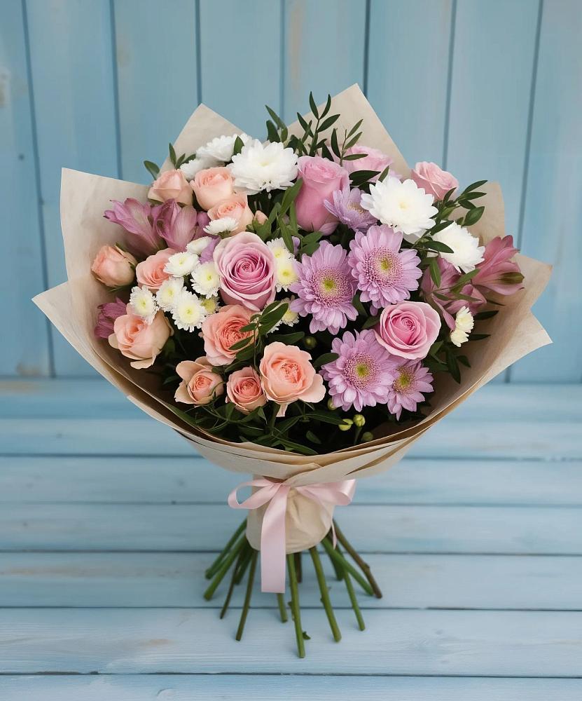 Букет цветов из: Хризантемы, Розы и Альстромерии в Елизаветино