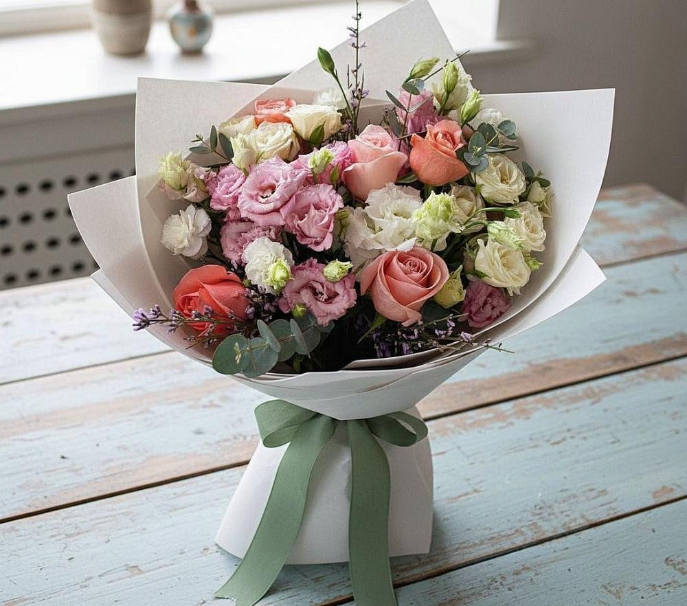 Букет цветов из: Розы, Лизиантусы и Гвоздики в Елизаветино