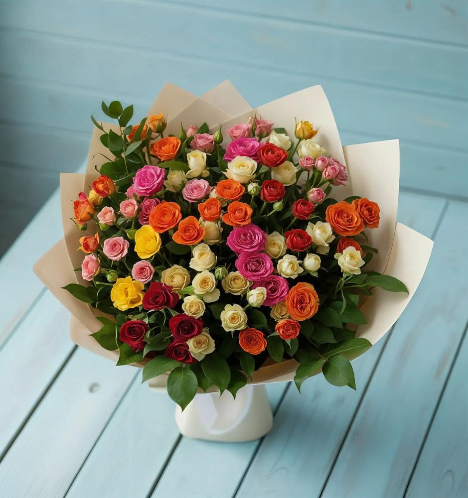 Букет Микс из разноцветных кустовых роз в Елизаветино