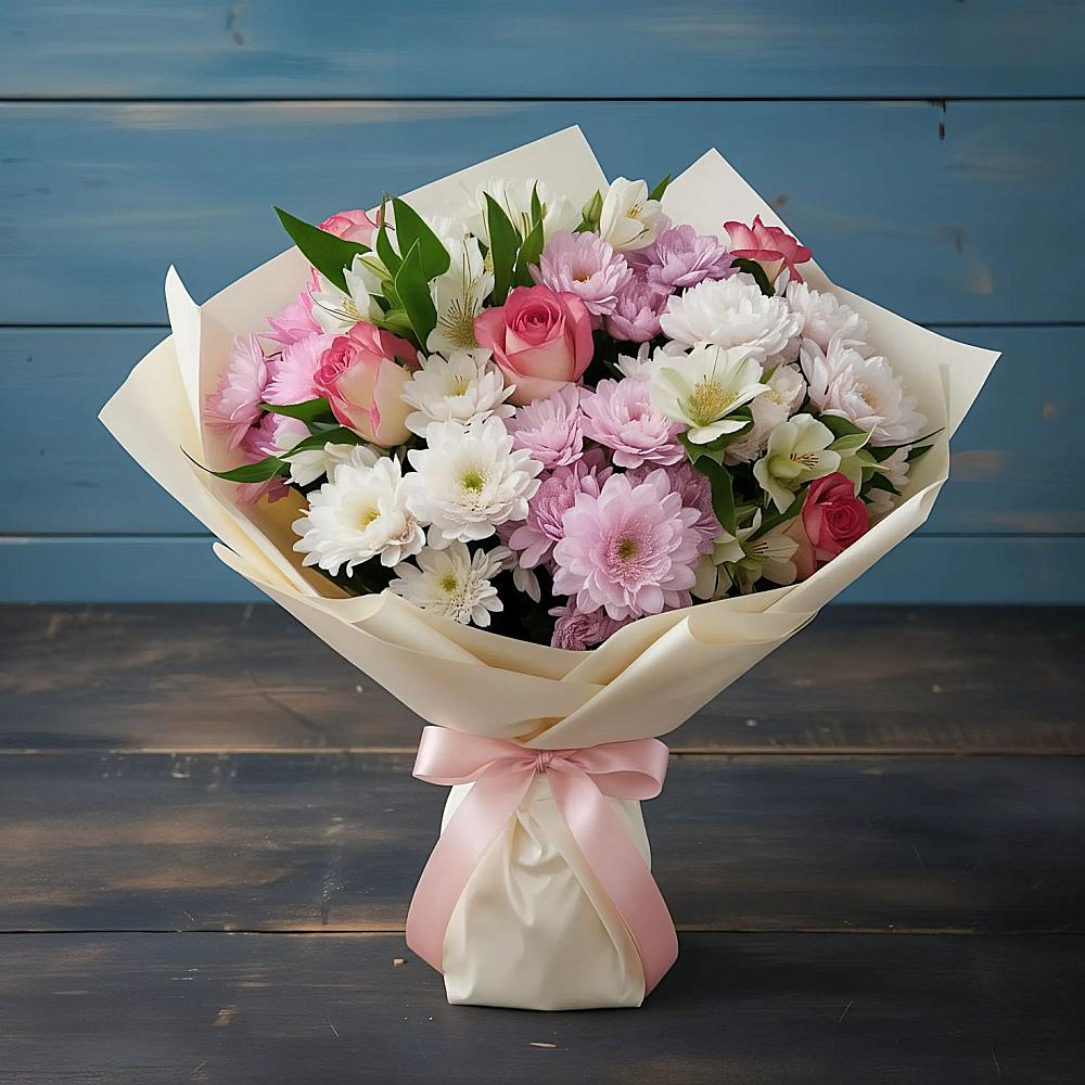 Букет цветов из: Хризантемы, Альстромерии и Розы в Елизаветино